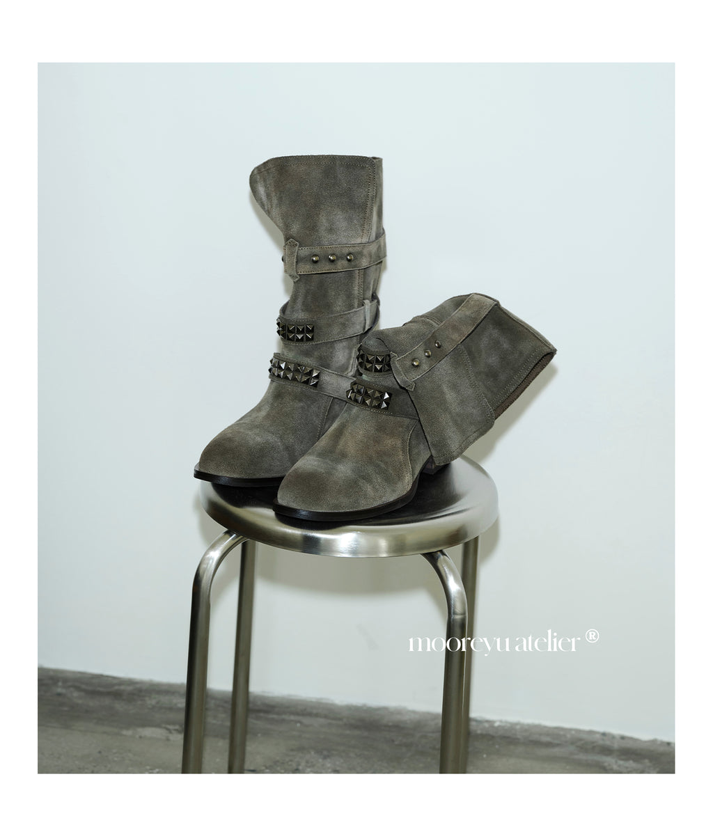 MOOREYU ATELIER Vintage Distressed Suede Slouch Mid Calf Boots | 3cm Block Heel Rivet Buckle Slip-On Women Moto Boots