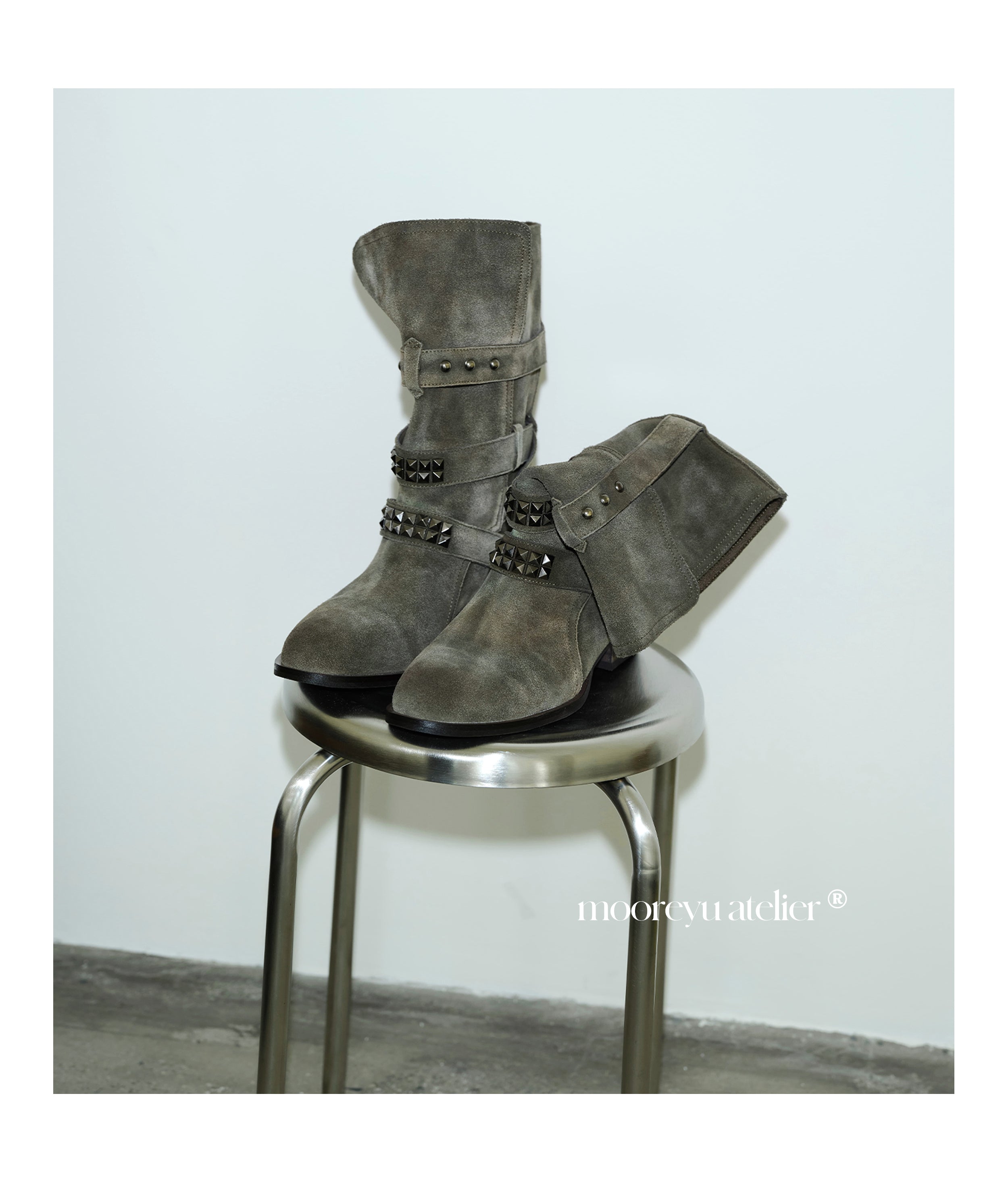 MOOREYU ATELIER Vintage Distressed Suede Slouch Mid Calf Boots | 3cm Block Heel Rivet Buckle Slip-On Women Moto Boots