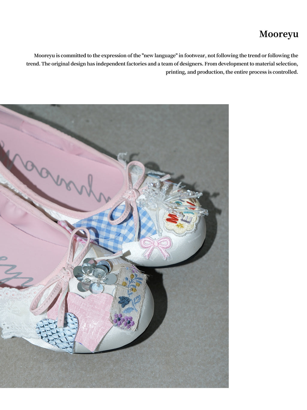 Close-up toe shot of coquette satin flats, multi decorative details: gingham fabric, lace frill, heart patches, sequin charms and pink bow
