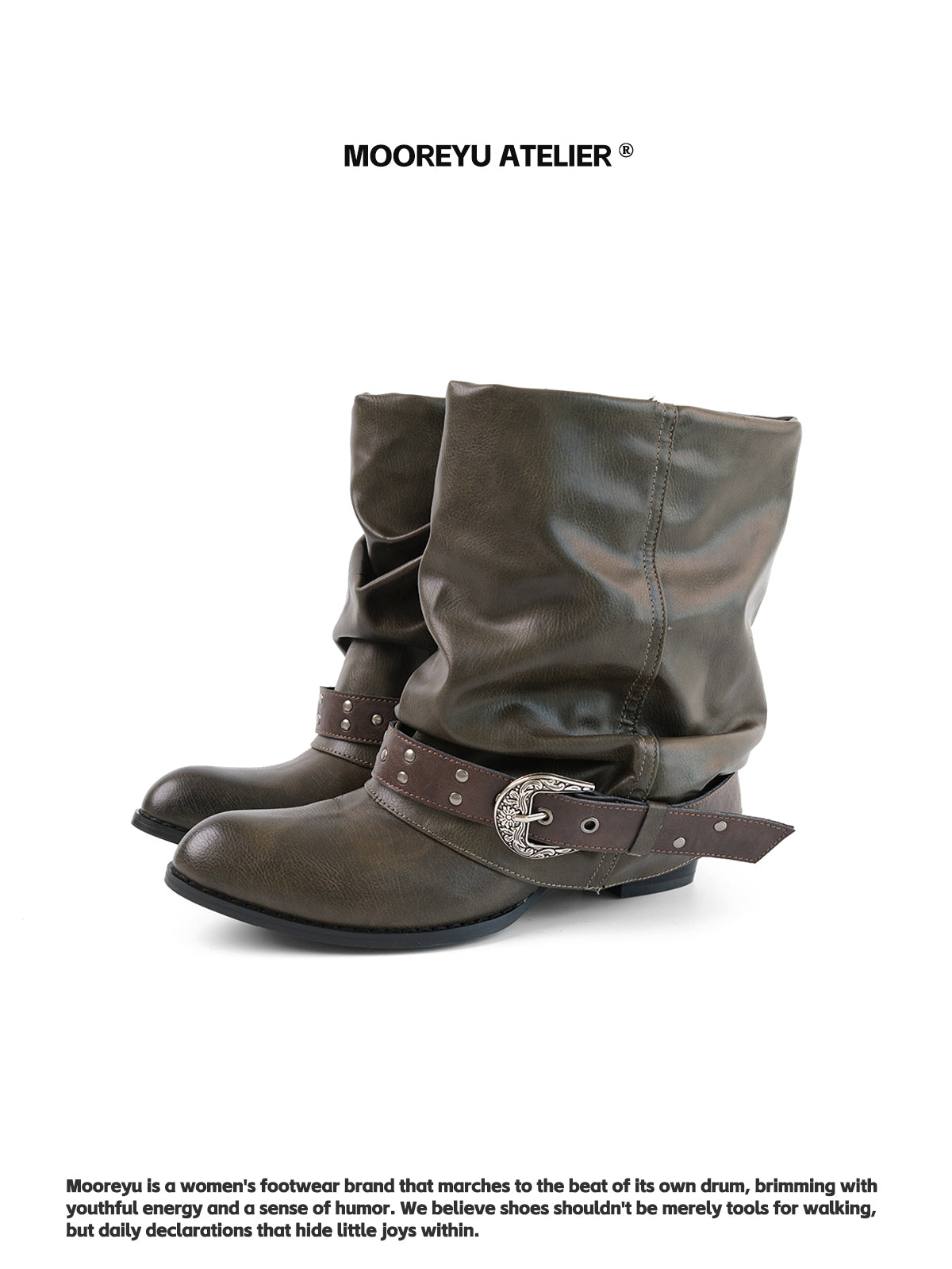 MOOREYU Western Slouch Boots | 5cm Block Heel Rivet Handcrafted Boots