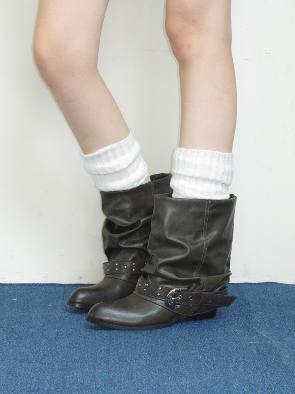 MOOREYU Western Slouch Boots | 5cm Block Heel Rivet Handcrafted Boots
