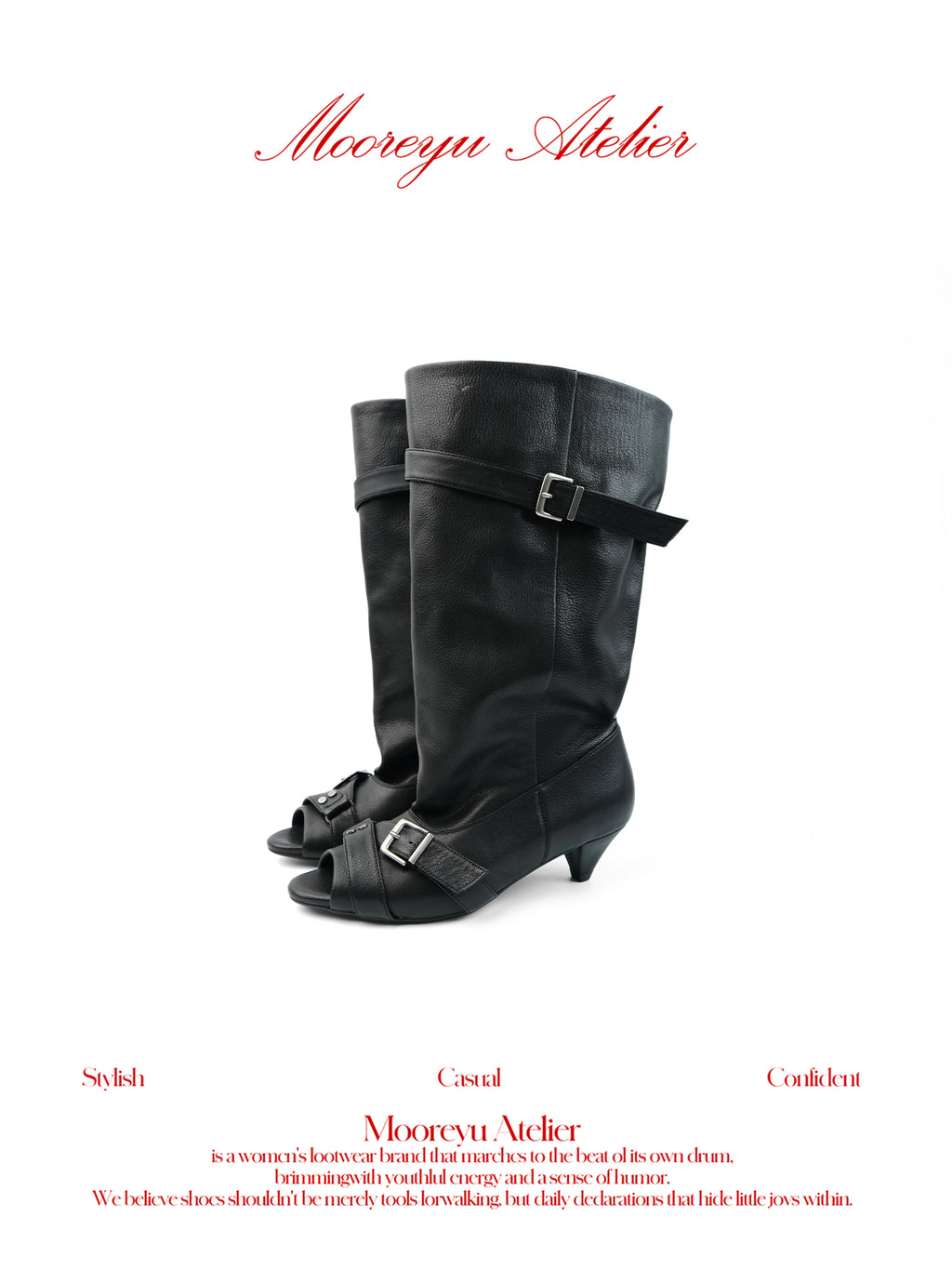 White background brand poster, MOOREYU ATELIER black vintage peep toe slouch mid-calf full grain leather boots, dual buckle strap knight boots, avant-garde women footwear