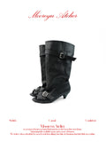 White background brand poster, MOOREYU ATELIER black vintage peep toe slouch mid-calf full grain leather boots, dual buckle strap knight boots, avant-garde women footwear