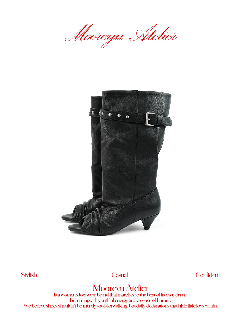MOOREYU ATELIER Vintage Peep Toe Knee High Boots | Ruched Slouch Wide Calf Leather Boots with Studded Buckle