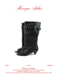 MOOREYU ATELIER Vintage Peep Toe Knee High Boots | Ruched Slouch Wide Calf Leather Boots with Studded Buckle