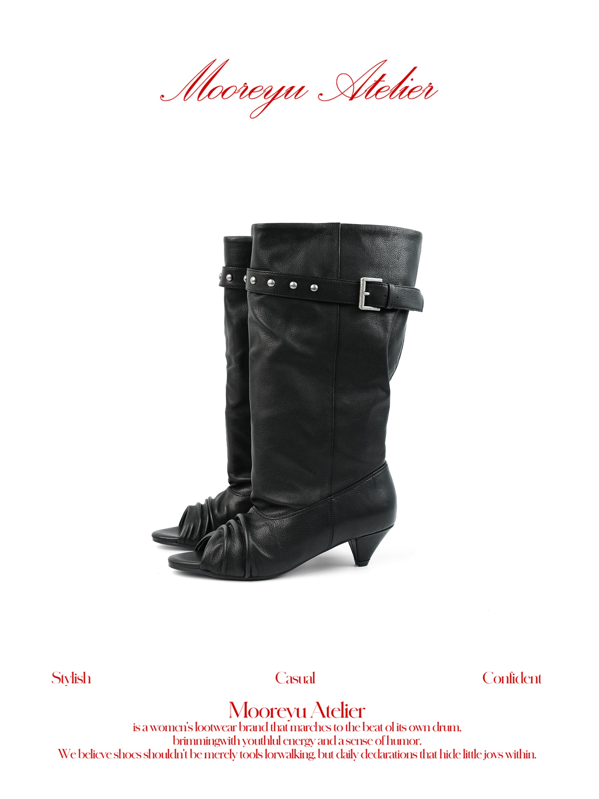 MOOREYU ATELIER Vintage Peep Toe Knee High Boots | Ruched Slouch Wide Calf Leather Boots with Studded Buckle