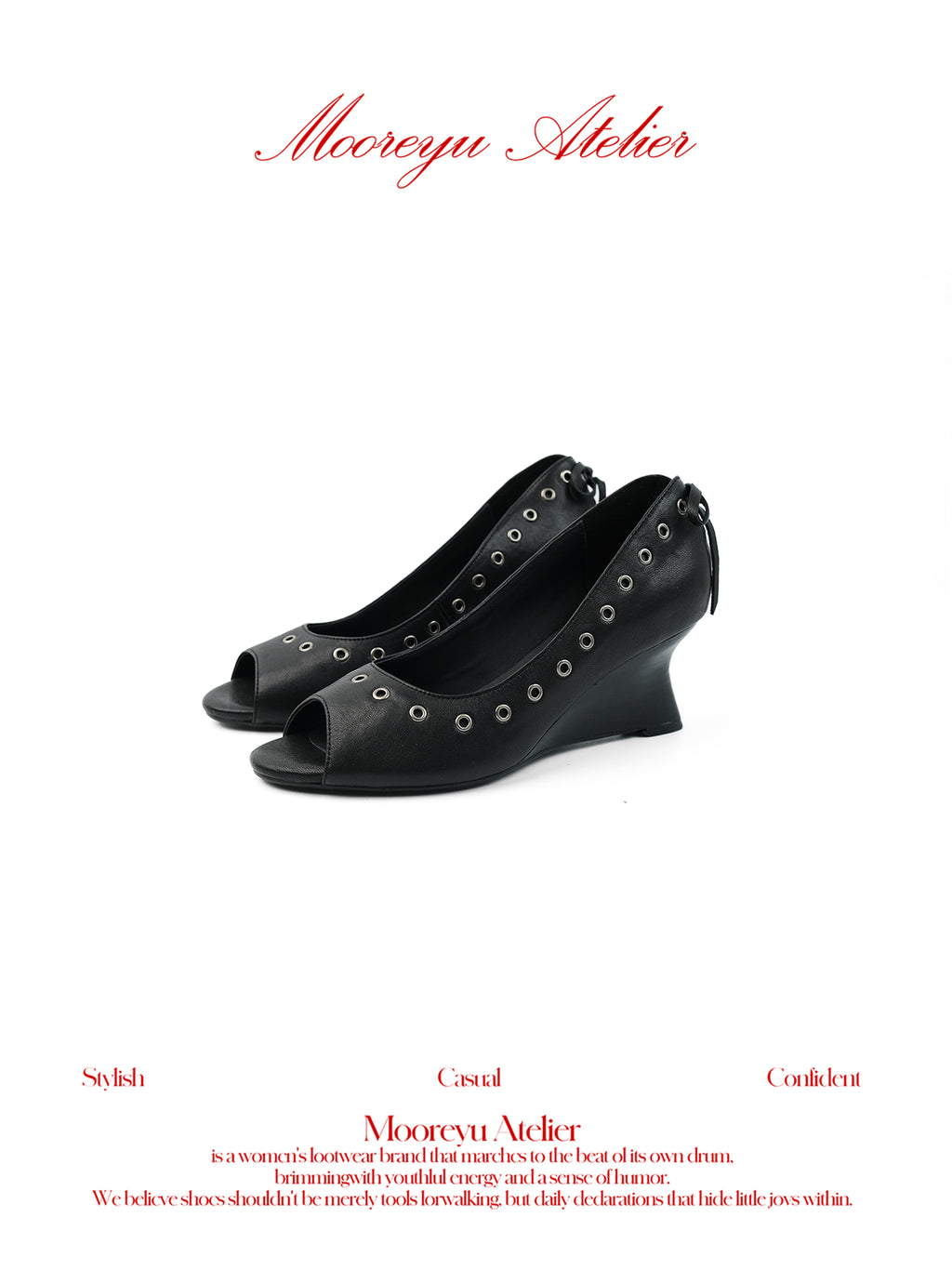 MOOREYU ATELIER Vintage Goat Leather Peep Toe Wedge Heel Pumps, Gothic Eyelet Stud Trim Back Tie Strap Open Toe Women's Heels