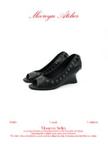 MOOREYU ATELIER Vintage Goat Leather Peep Toe Wedge Heel Pumps, Gothic Eyelet Stud Trim Back Tie Strap Open Toe Women's Heels