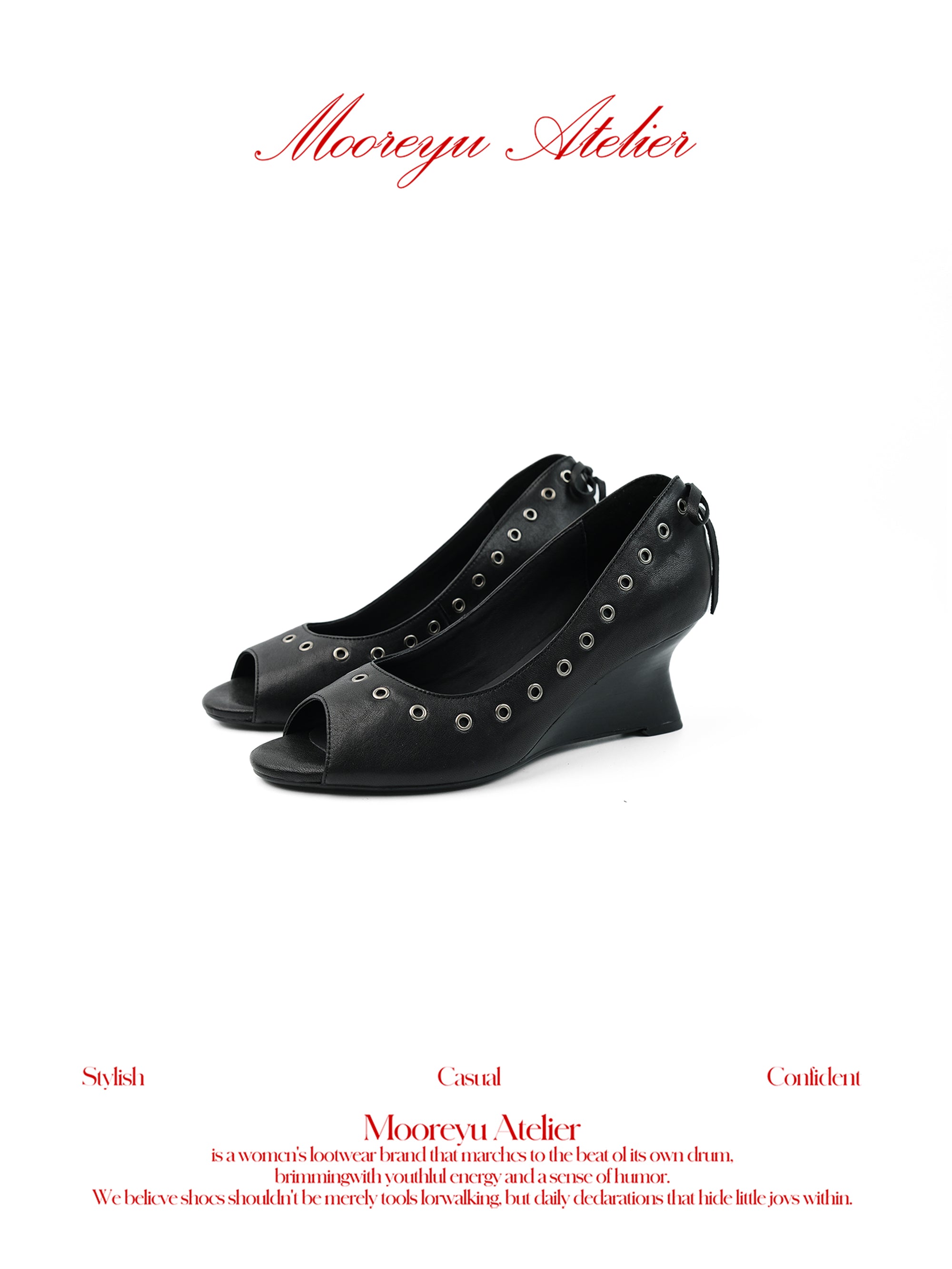 MOOREYU ATELIER Vintage Goat Leather Peep Toe Wedge Heel Pumps, Gothic Eyelet Stud Trim Back Tie Strap Open Toe Women's Heels