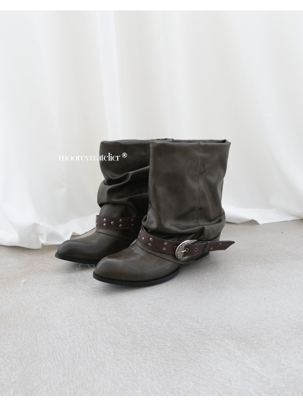 MOOREYU Western Slouch Boots | 5cm Block Heel Rivet Handcrafted Boots