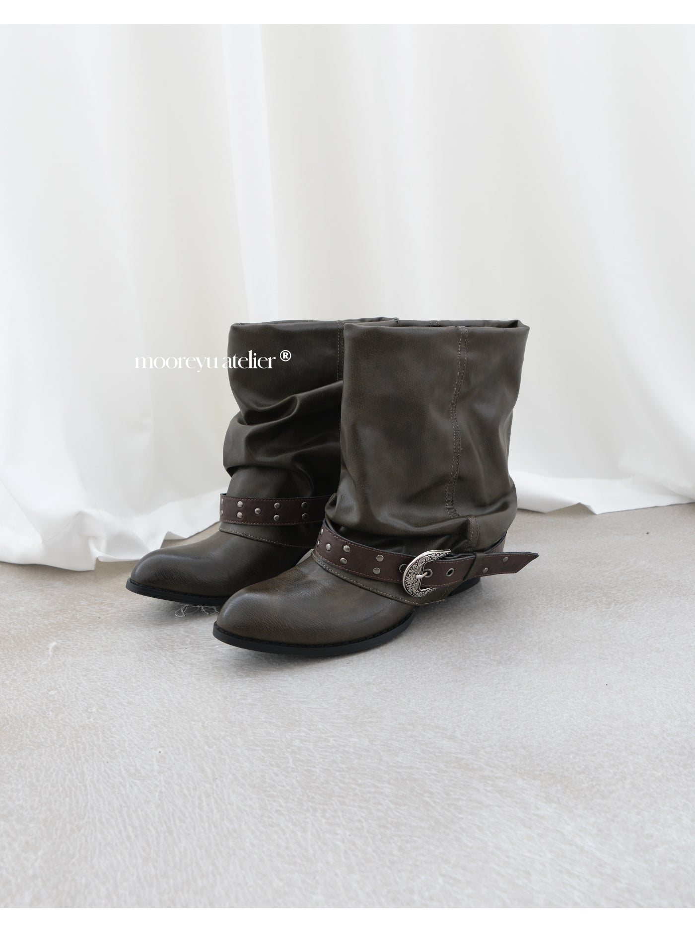 MOOREYU Western Slouch Boots | 5cm Block Heel Rivet Handcrafted Boots