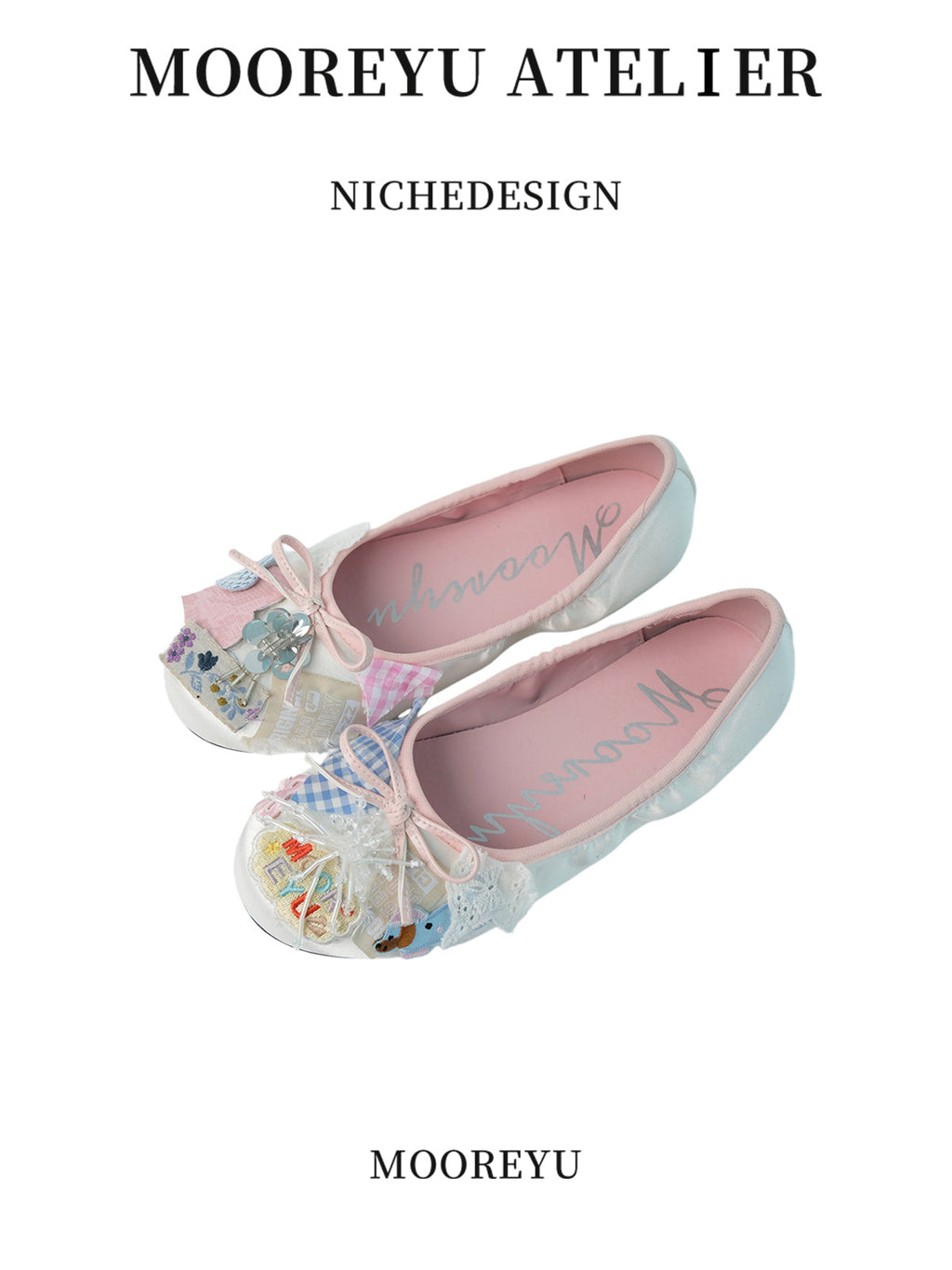White background MOOREYU ATELIER coquette satin ballet flats, round toe with gingham patchwork, lace trim and pink satin bow, full front product shot