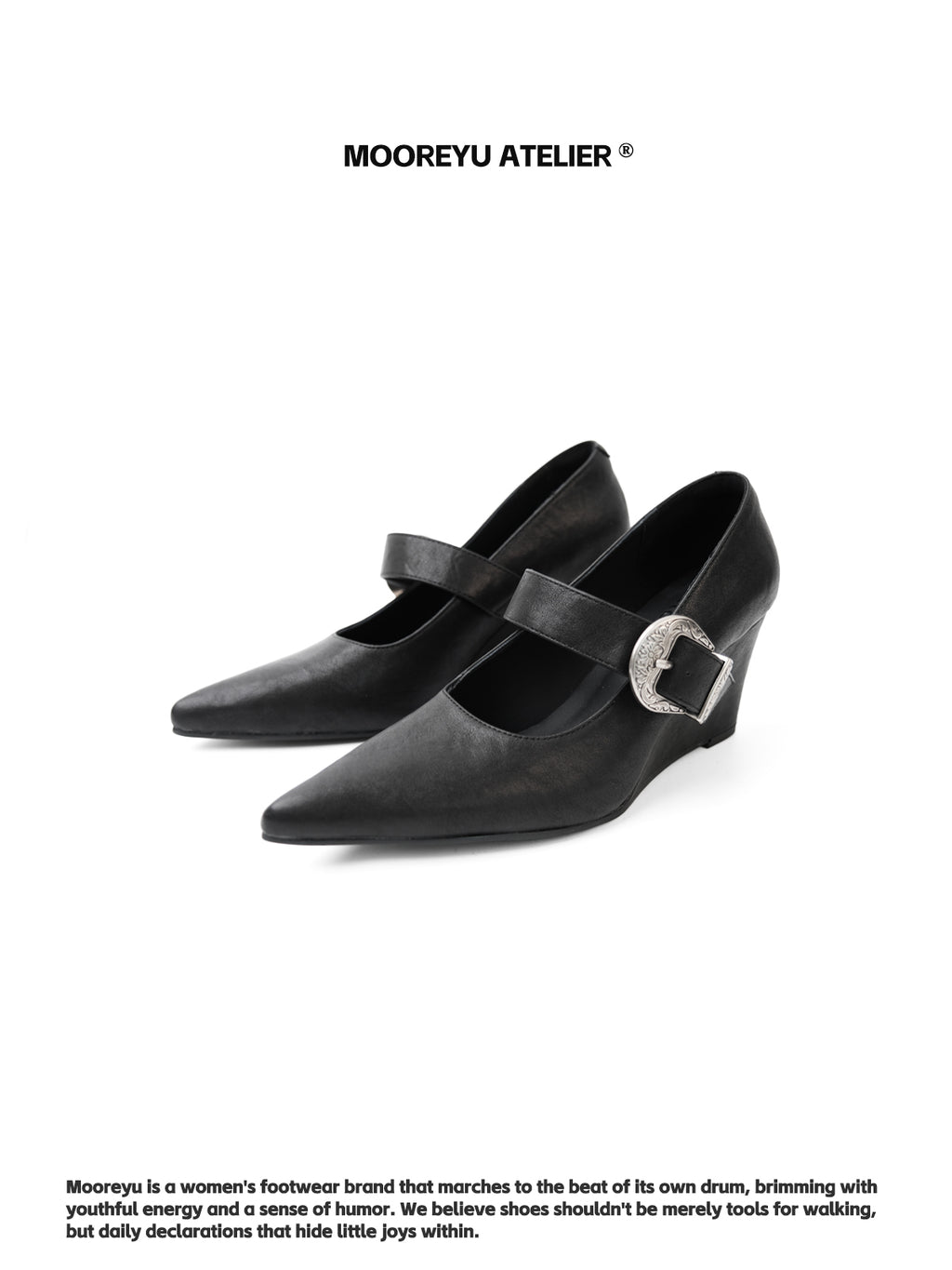 MOOREYU ATELIER Dark Armor Mary Jane Wedge Pumps in Matte Black — Antique Silver Engraved Buckle Strap