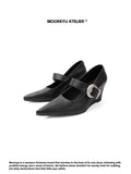 MOOREYU ATELIER Dark Armor Mary Jane Wedge Pumps in Matte Black — Antique Silver Engraved Buckle Strap