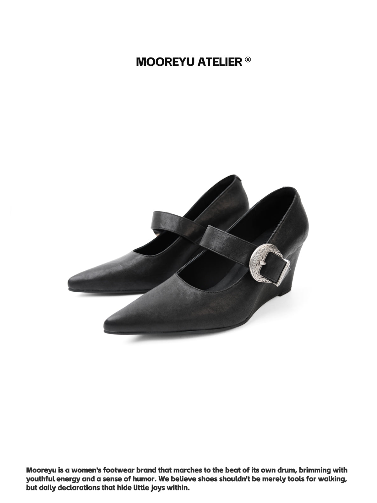 MOOREYU ATELIER Dark Armor Mary Jane Wedge Pumps in Matte Black — Antique Silver Engraved Buckle Strap