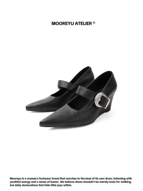 MOOREYU ATELIER Dark Armor Mary Jane Wedge Pumps in Matte Black — Antique Silver Engraved Buckle Strap