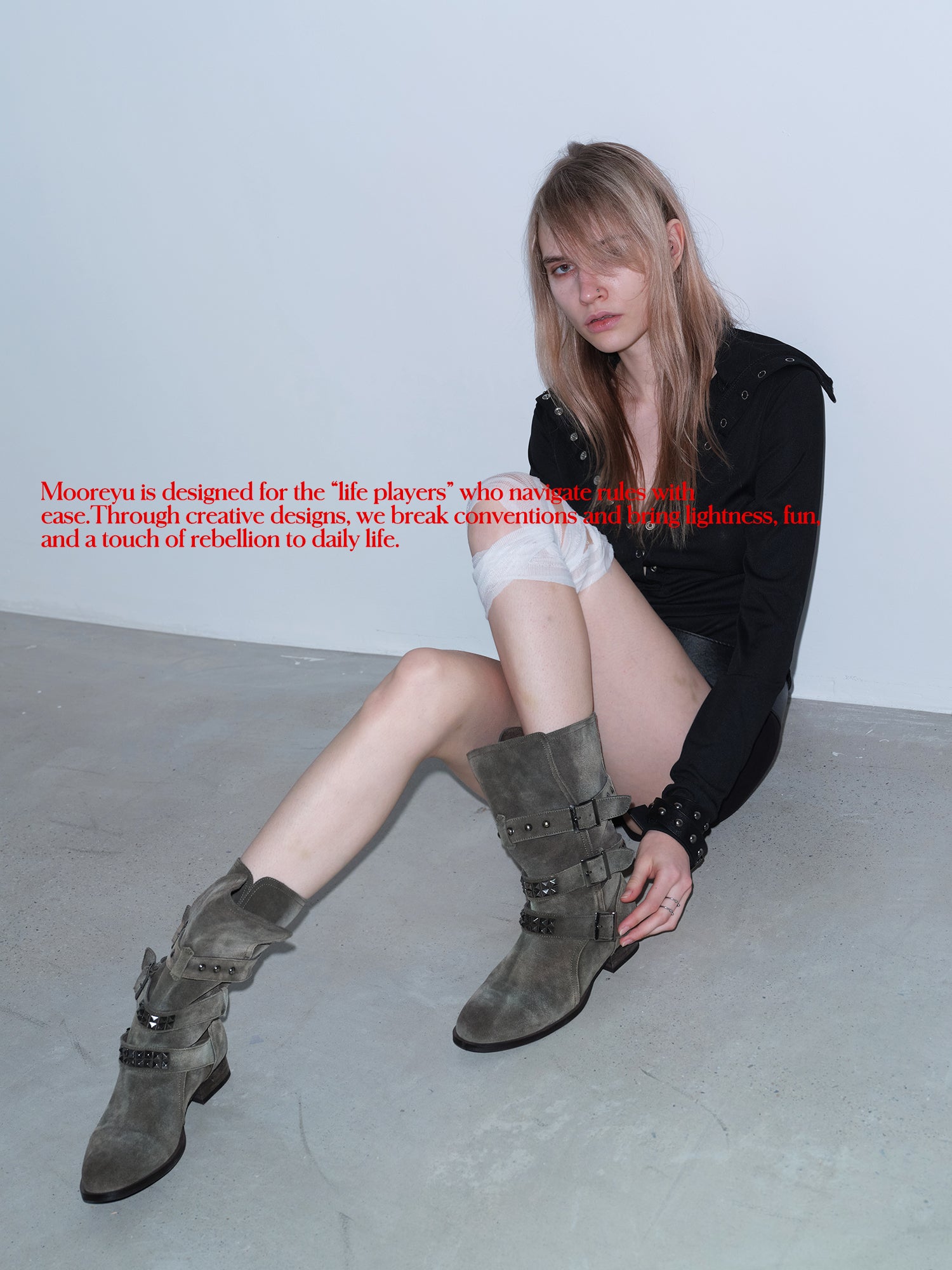MOOREYU ATELIER Vintage Distressed Suede Slouch Mid Calf Boots | 3cm Block Heel Rivet Buckle Slip-On Women Moto Boots