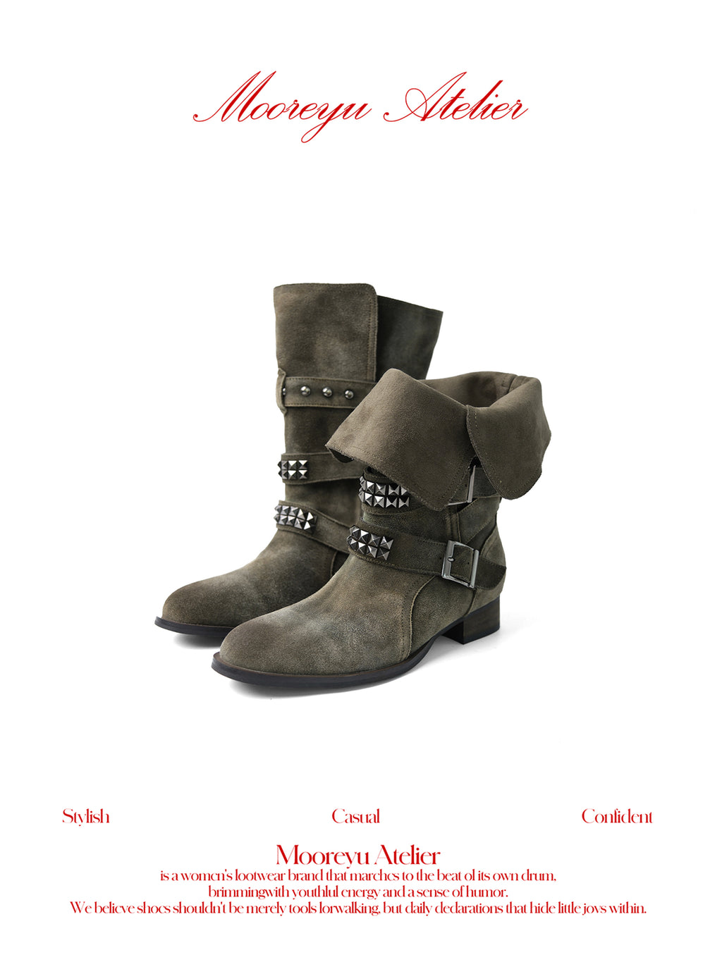 MOOREYU ATELIER Vintage Distressed Suede Slouch Mid Calf Boots | 3cm Block Heel Rivet Buckle Slip-On Women Moto Boots