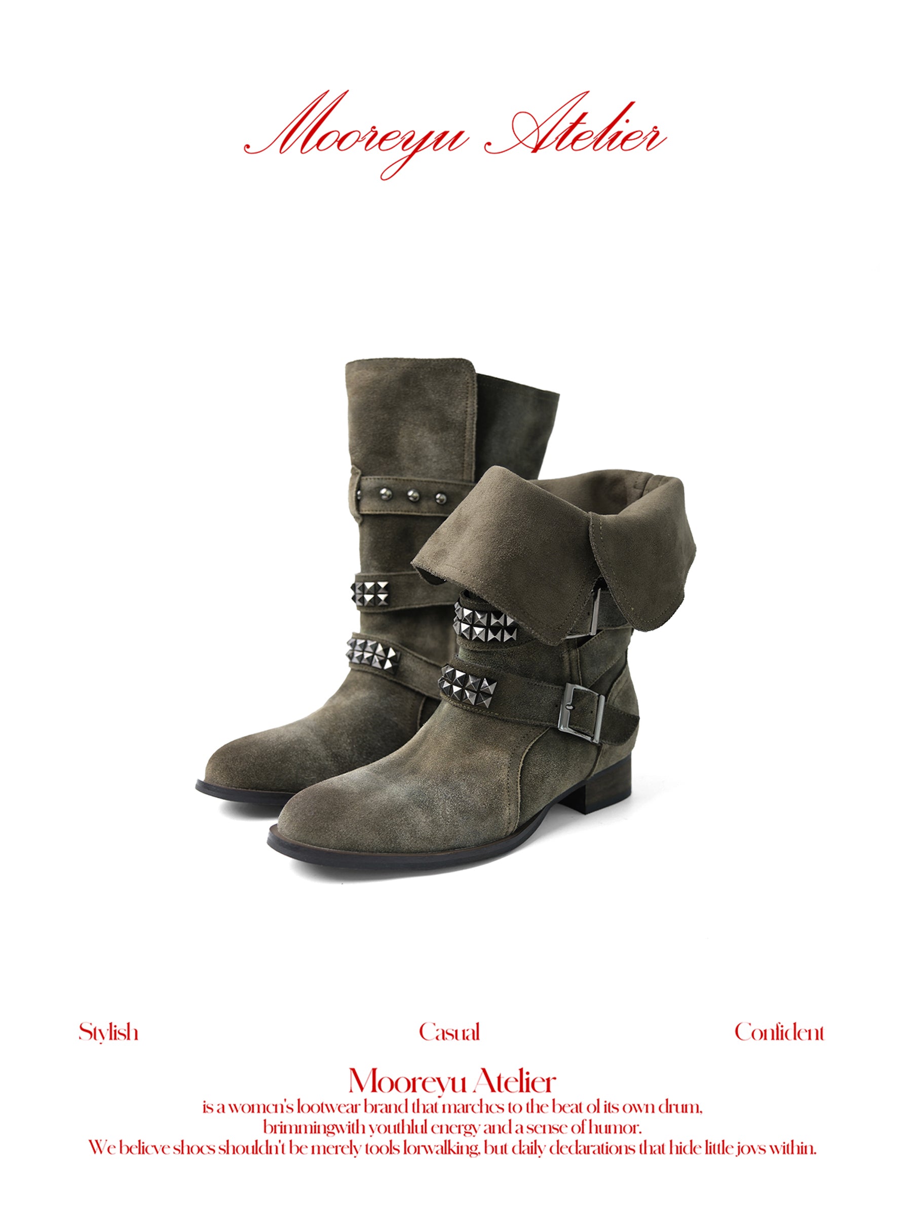 MOOREYU ATELIER Vintage Distressed Suede Slouch Mid Calf Boots | 3cm Block Heel Rivet Buckle Slip-On Women Moto Boots