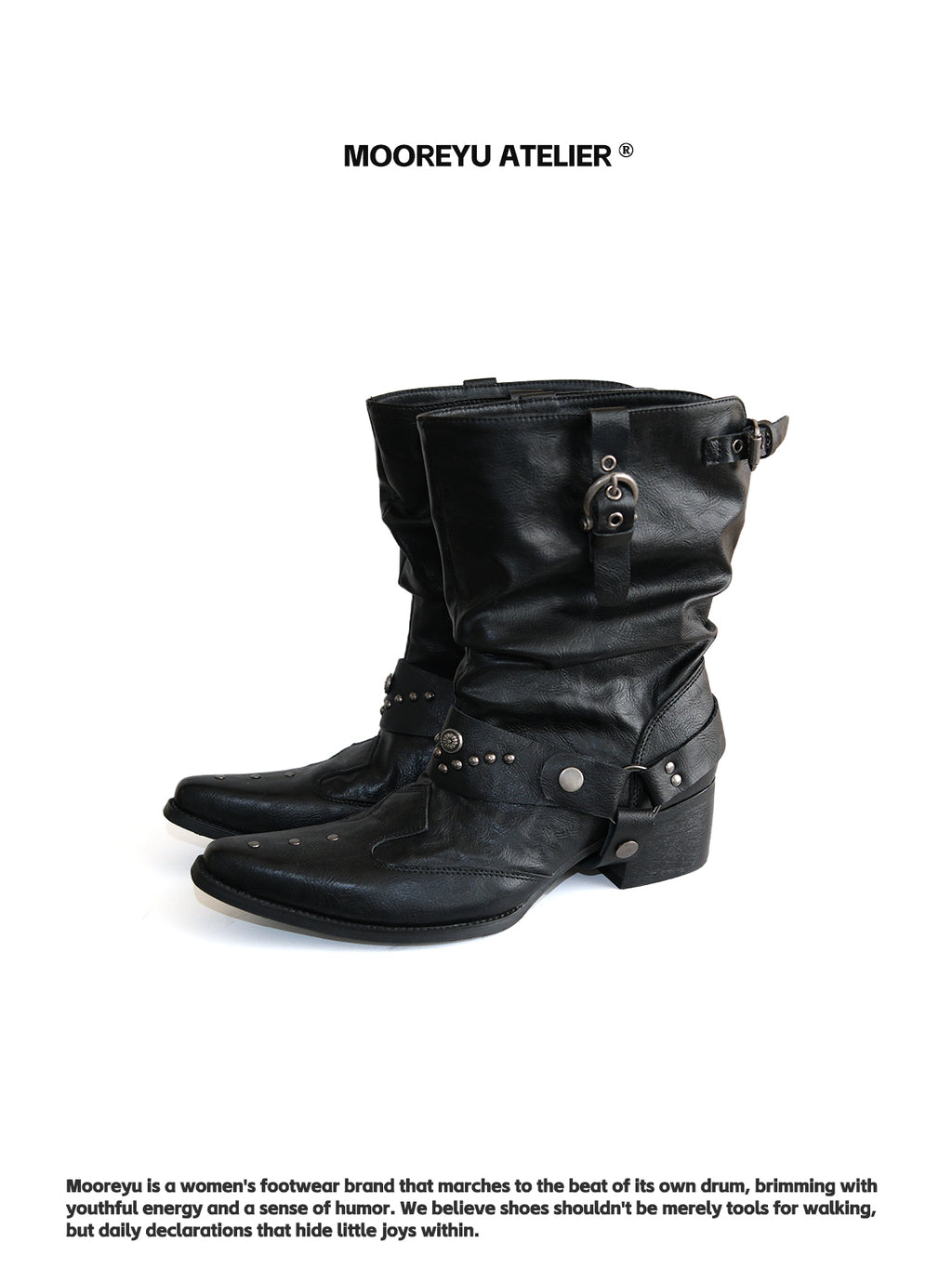 MOOREYU ATELIER Dark Knight Mid-Calf Moto Boots in Black Cowhide - Full View