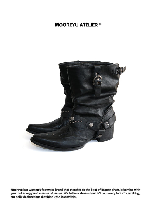 MOOREYU ATELIER Dark Knight Mid-Calf Moto Boots in Black Cowhide - Full View
